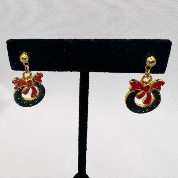 🍭4/$20 Christmas Wreath Glitter Post Stud Dangle Earrings - Picture 1 of 4